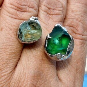 Sea Glass Balance Ring With Upcycled Silver Spoon Band Artisan Crafted Adjust.